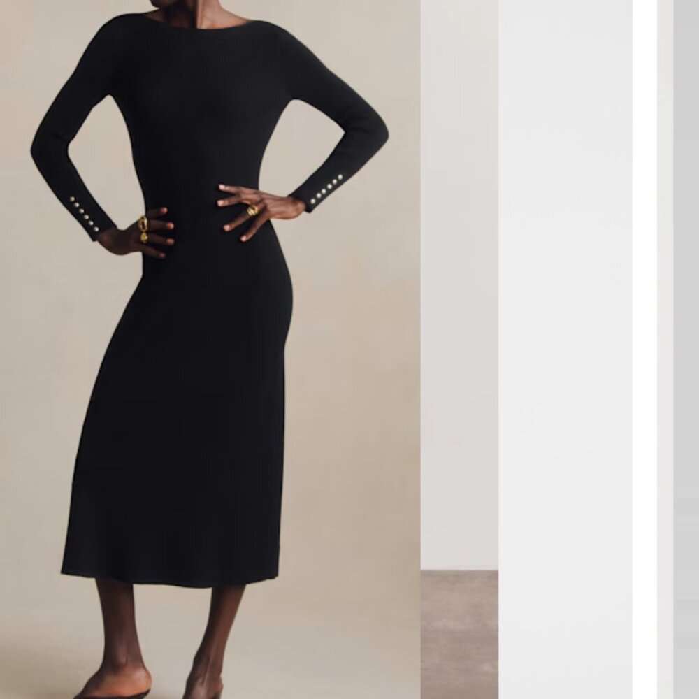 Sezane Vivianne Ribbed Knit Open Back Midi Dress Black Gold M